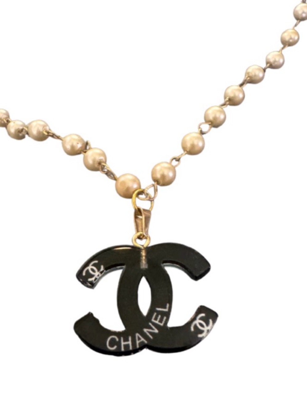 CHANEL Black CC Logo Pendant Upcycled with Vintage Pearl Bead Chain
